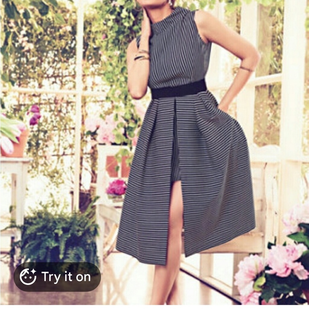 eva mendes for New York & Company Black & White Striped Sleeveless Midi Dress